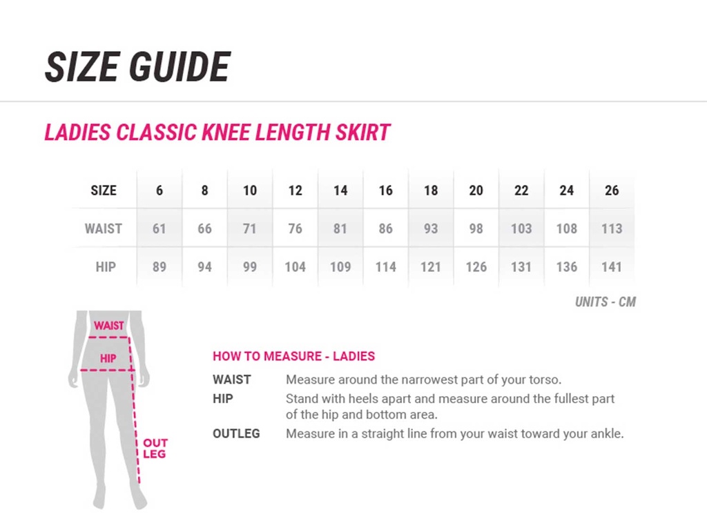 Classic Knee Length Skirt- Size GuideBS128LS