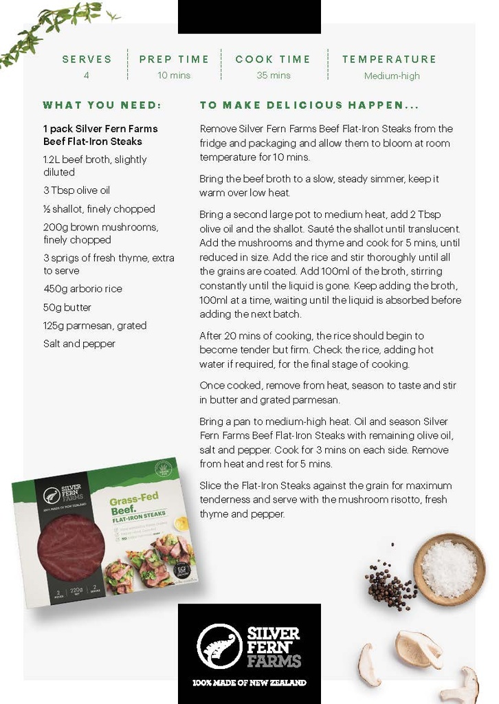 Recipe Cards - Delicious is Beef- Flat iron Steak with Mushroom Risotto- Pack of 10